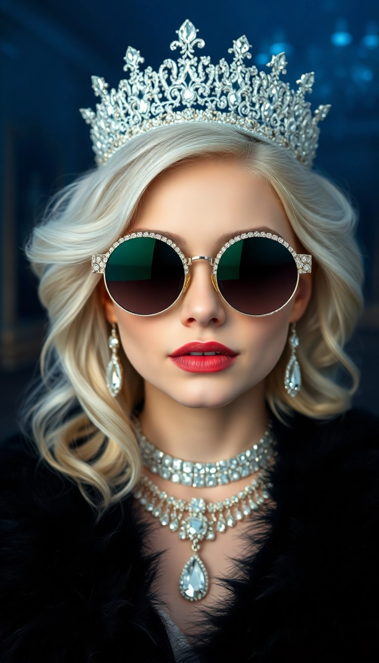 HD iPhone Young Platinum Blonde Queen in Black Fur Luxury Background